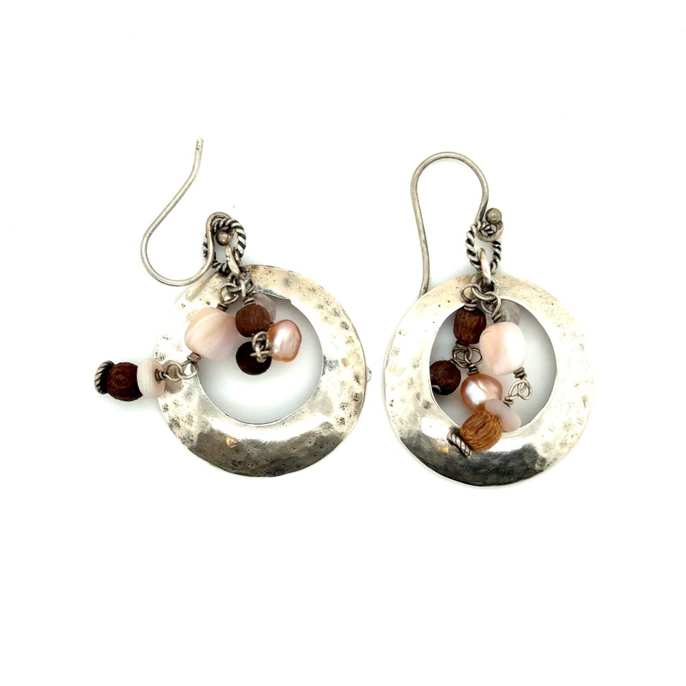 Silpada Sterling Silver Hammered Hoop Earrings Pearl Wood Bead Dangle